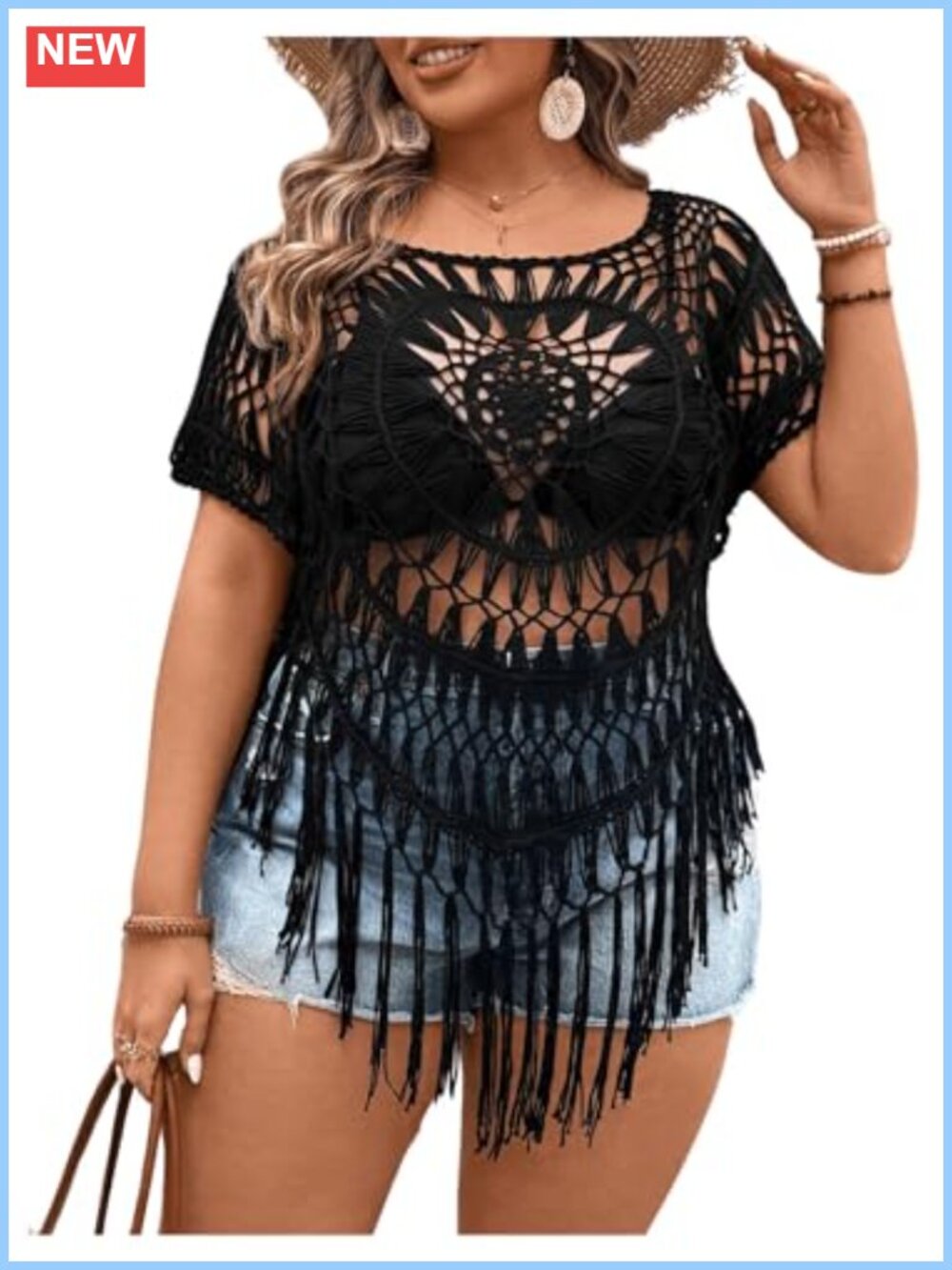 Women's Hollow Out Knitted Crochet T-Shirt, Acrylic, Short Sleeve